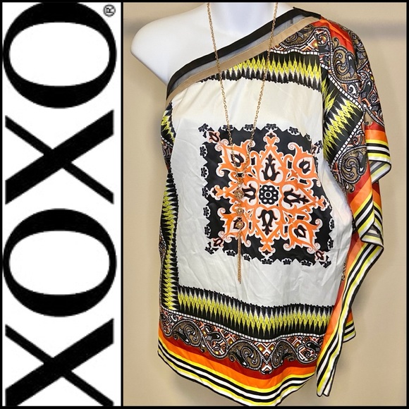 XOXO Scarf Style One Shoulder Blouse Top Black, Yellow and Orange Patterns